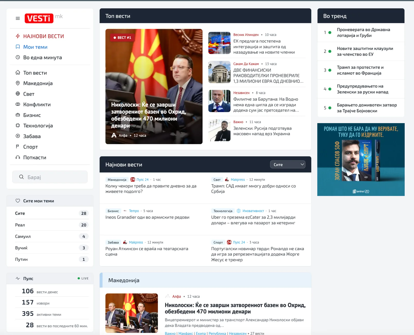 vesti.mk dashboard — top news, Во тренд, Мои теми and live pulse